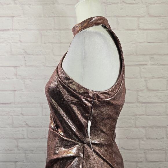 E Venus Pink Metallic Halter Midi Dress Women Size S Side Ruched Wrap Skirt Cute - Picture 5 of 12